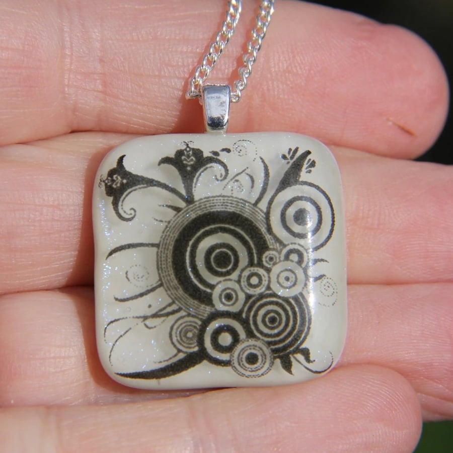 Iridiscent Fused Glass Pendant White with Black Circles, Fused Glass necklace F6