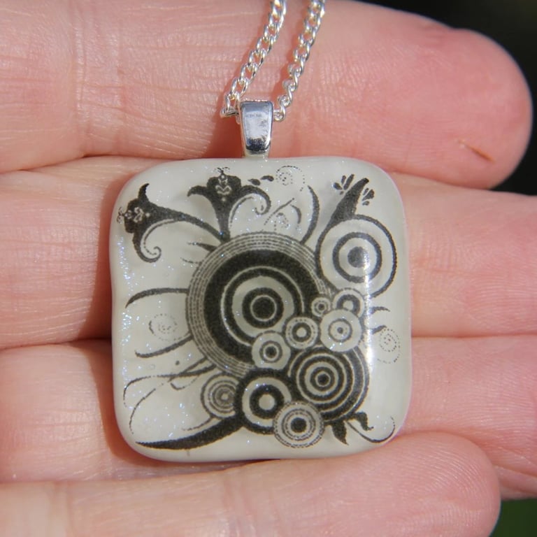 Iridiscent Fused Glass Pendant White with Black Circles, Fused Glass necklace F6