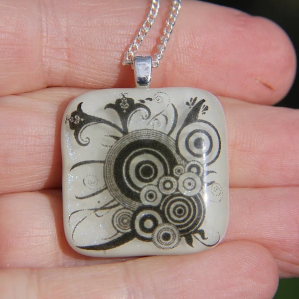 Iridiscent Fused Glass Pendant White with Black Circles, Fused Glass necklace F6