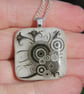 Iridiscent Fused Glass Pendant: White with Black Circles, Fused Glass necklace