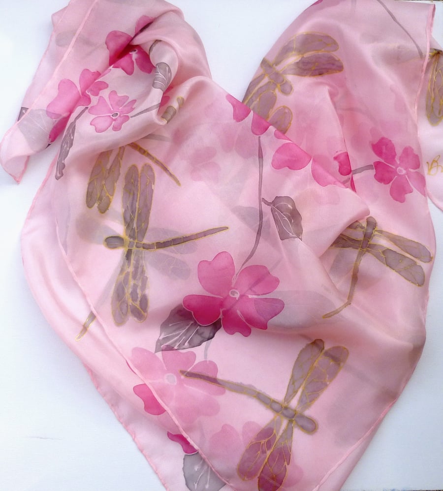 Dragonflies and Flowers hand painted silk scarf