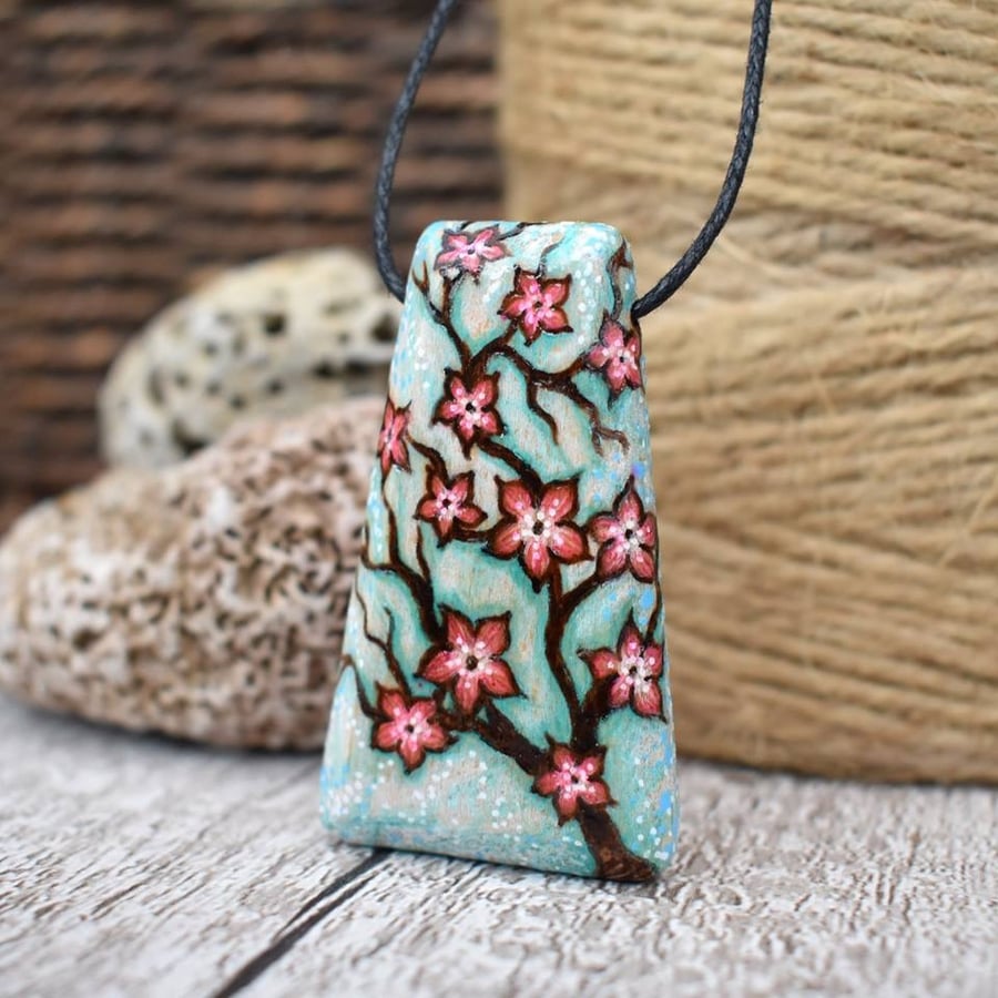 Cherry tree blossom pyrography pendant. Wooden necklace, wood anniversary. 