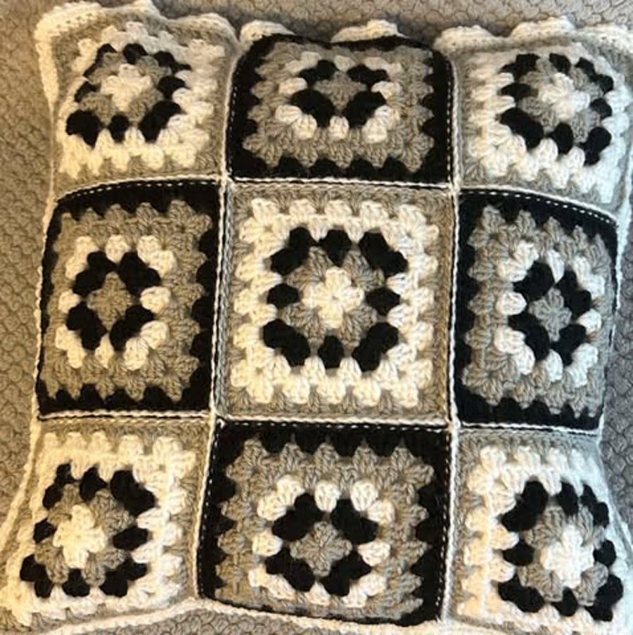 Handmade crocheted cushion cover black gray white two different sides
