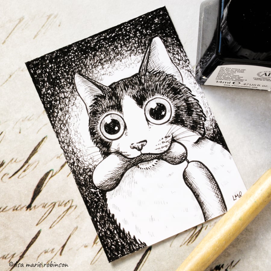 Naughty Tuxedo Cat ACEO - Inktober 2019 - Day 4 - Ink Drawing Pen Art
