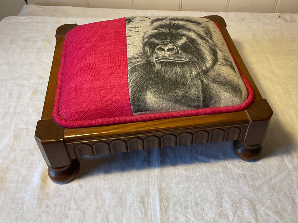 Ercol Cloister Vintage Footstool & Emma Shipley Monkey Gorilla Fabric Pink