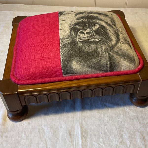 Ercol Cloister Vintage Footstool & Emma Shipley Monkey Gorilla Fabric Pink
