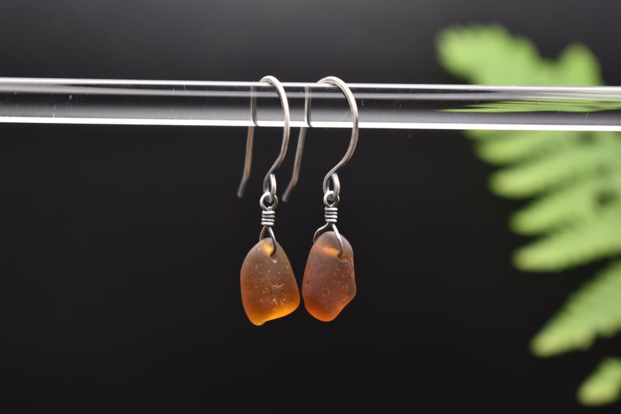 Scottish Sea Glass and Recycled Sterling Silver Earrings, Amber