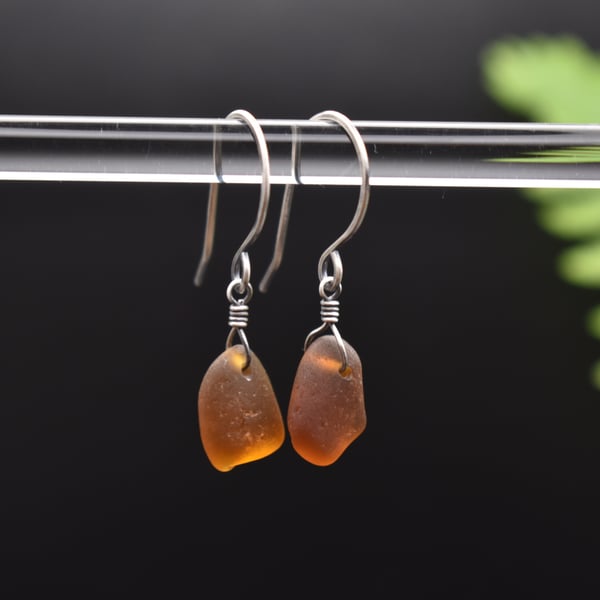 Scottish Sea Glass and Recycled Sterling Silver Earrings, Amber