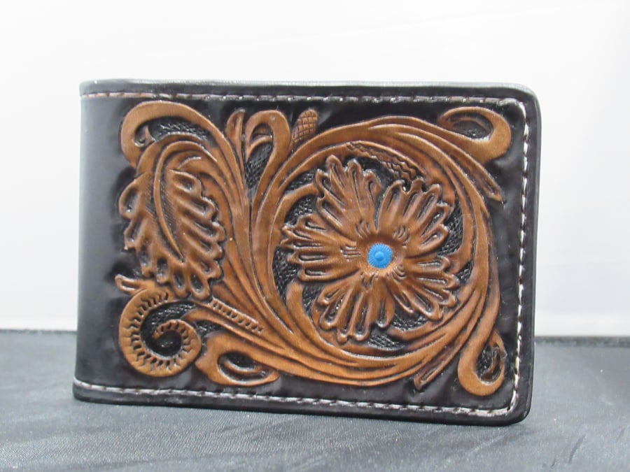 Handmade Leather Tooled Floral Bifold Wallet Black