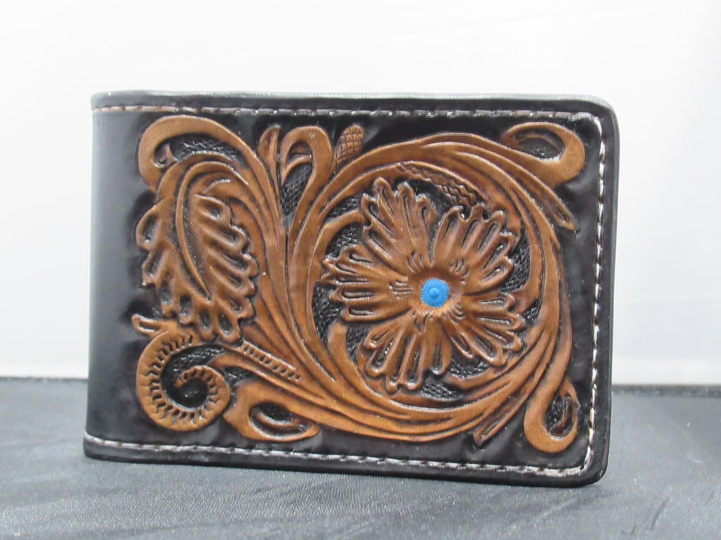 Handmade Leather Tooled Floral Bifold Wallet Black