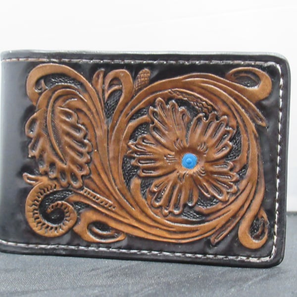 Handmade Leather Tooled Floral Bifold Wallet Black