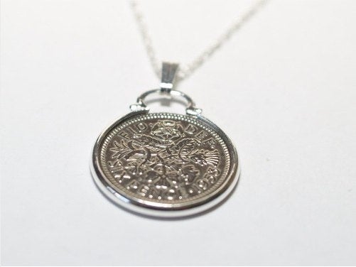 1956 64th Birthday Anniversary sixpence coin pendant plus 18inch SS chain gift, 