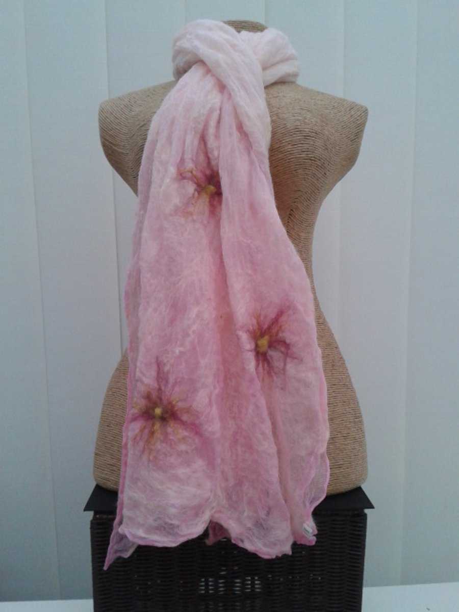 Scarf Nuno felted wool on silk (pink with flower detail)