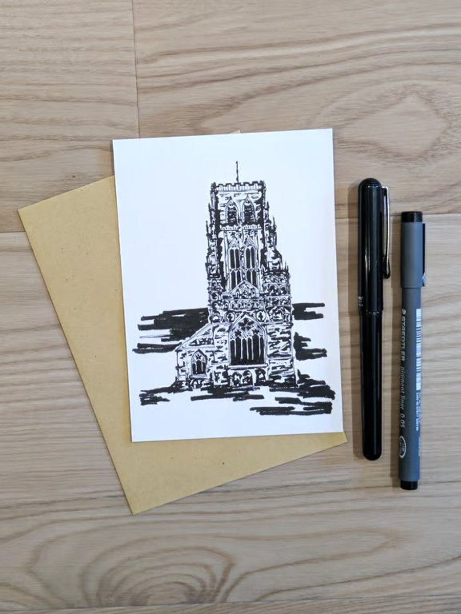 Original Durham Cathedral Hand Painted Ink Illustration A6