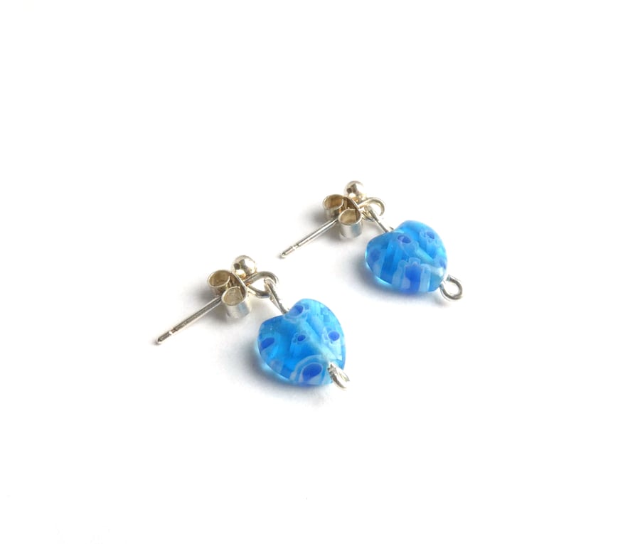 Blue Millefiori Glass Heart Bead Earrings 