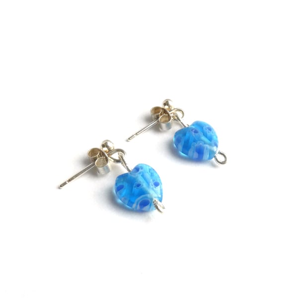 Blue Millefiori Glass Heart Bead Earrings 