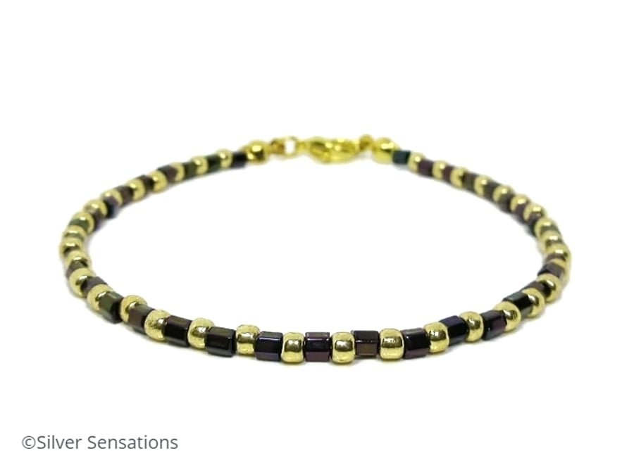 Slim Purple & Gold Seed Bead Friendship Bracelet - Stacking Bracelet 6.5" - 8.5"