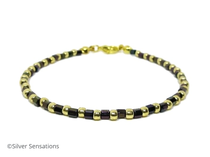 Slim Purple & Gold Seed Bead Friendship Bracelet - Stacking Bracelet 6.5" - 8.5"