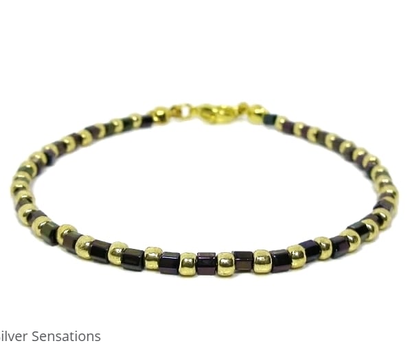 Slim Purple & Gold Seed Bead Friendship Bracelet - Stacking Bracelet 6.5" - 8.5"