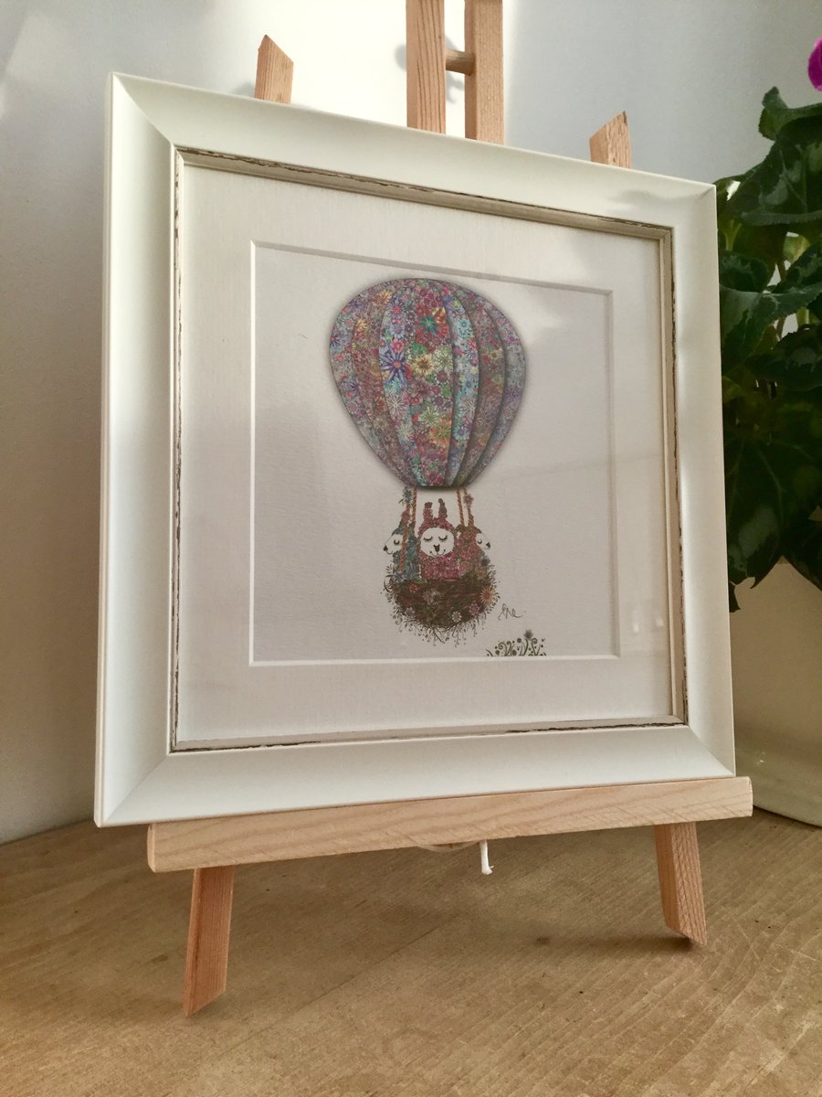 Llama in a Hot Air Balloon 9.5 x 9.5” framed print