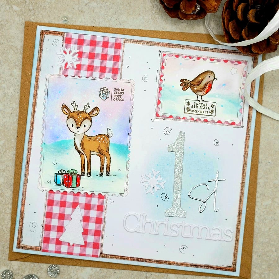 Baby Card 1st Christmas - handmade postage stamp deer robin