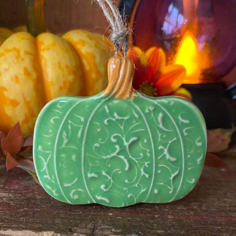 Small patterned pottery pumpkin decoration green