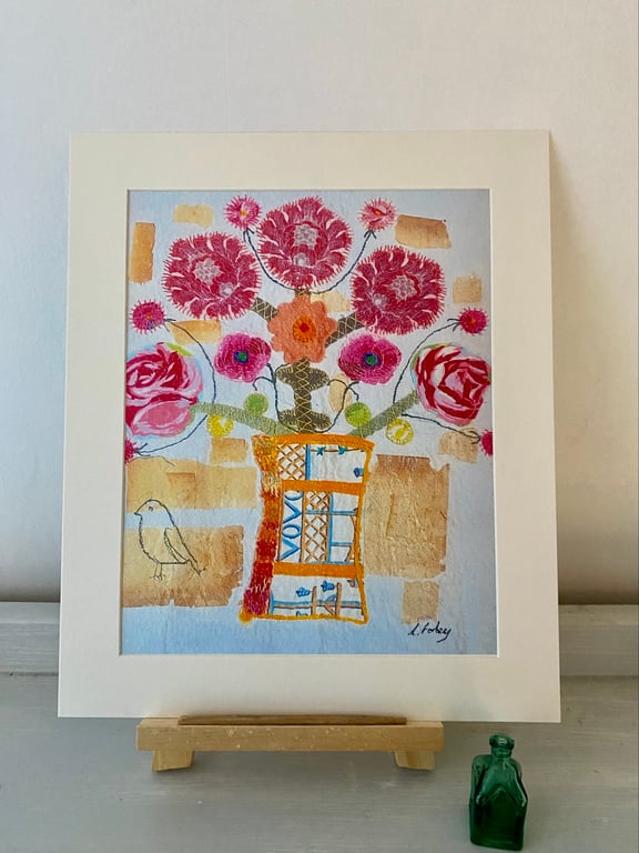 Folk art style, flowers in a vase, original art print