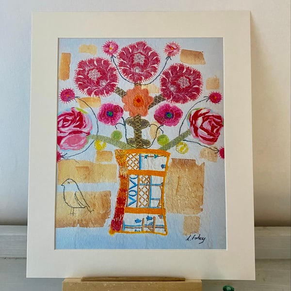 Folk art style, flowers in a vase, original art print