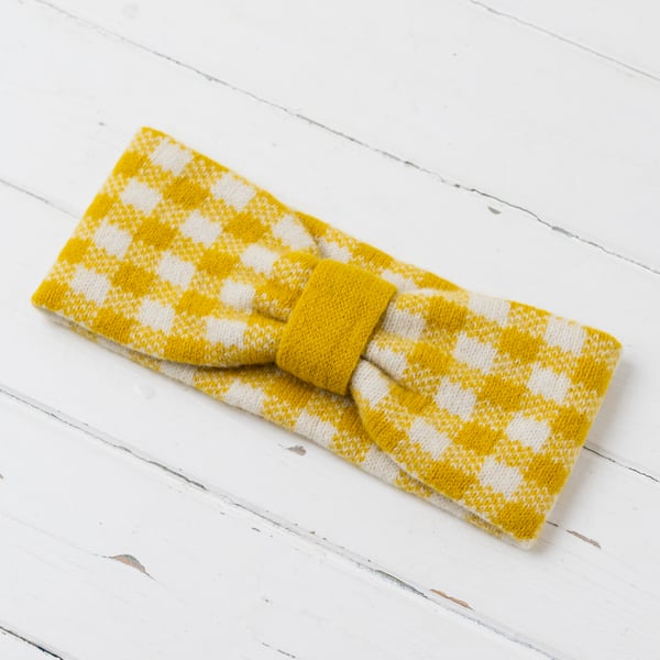 Gingham knitted headband - piccalilli and ecru