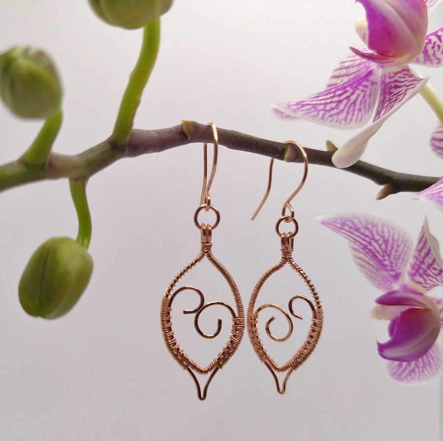 Small Wire Wrapped Leaf Shaped Earrings in Copper