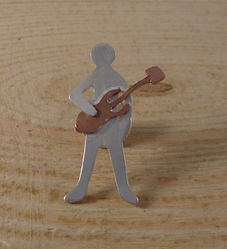 Sterling Silver and Copper Guitarist Pin Brooch