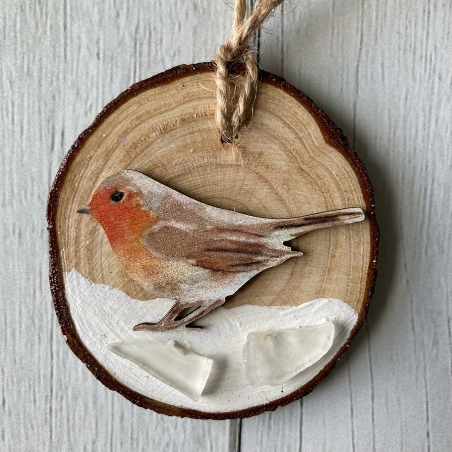 Sale- hanging wood slice Robin Christmas decoration with Cornish sea glass 