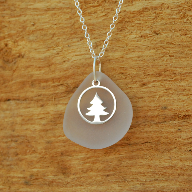 White beach glass pendant with Christmas tree charm