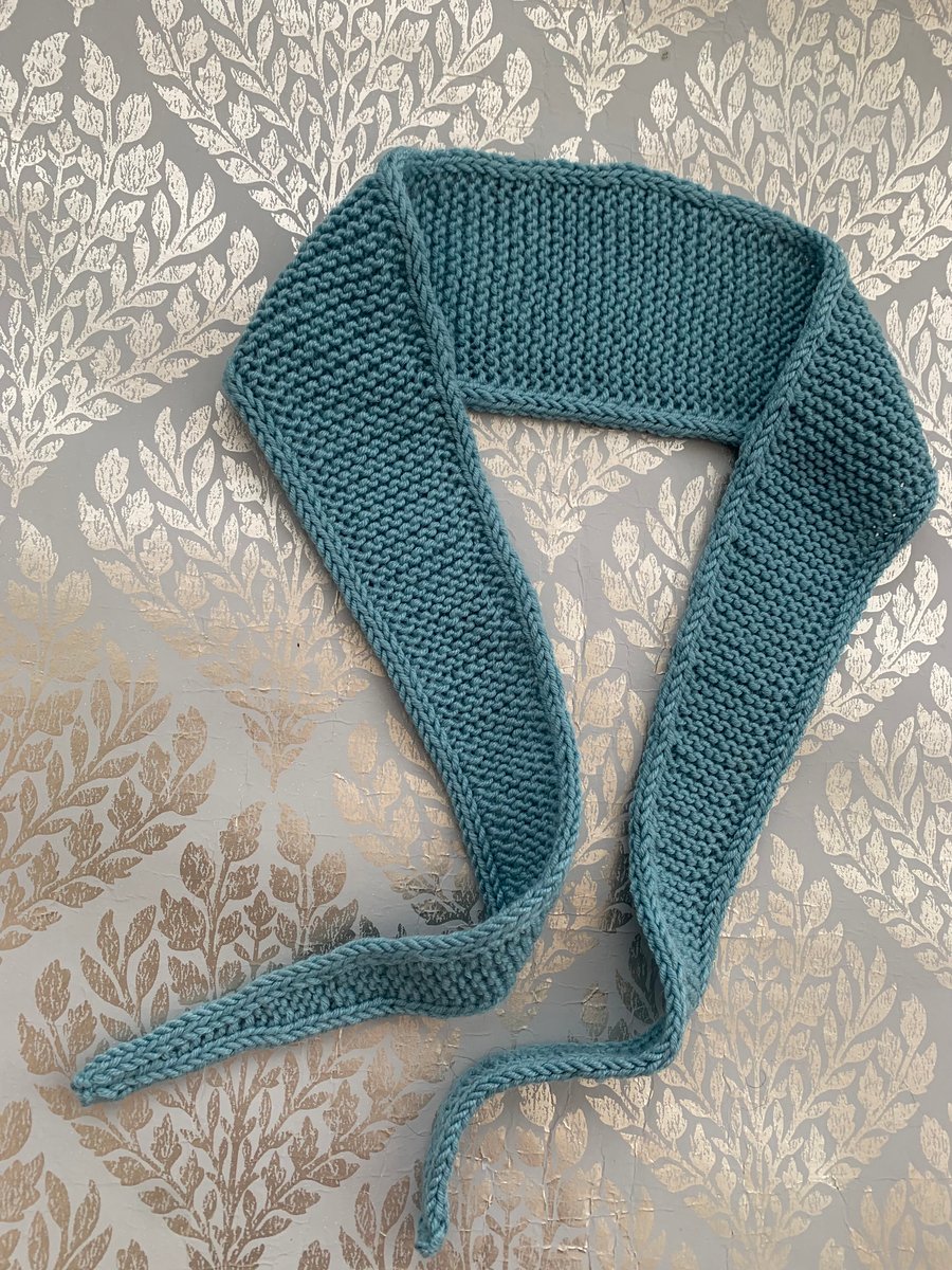 Hand knitted Sophie style scarf , neckerchief , skinny neck tie , duck egg blue