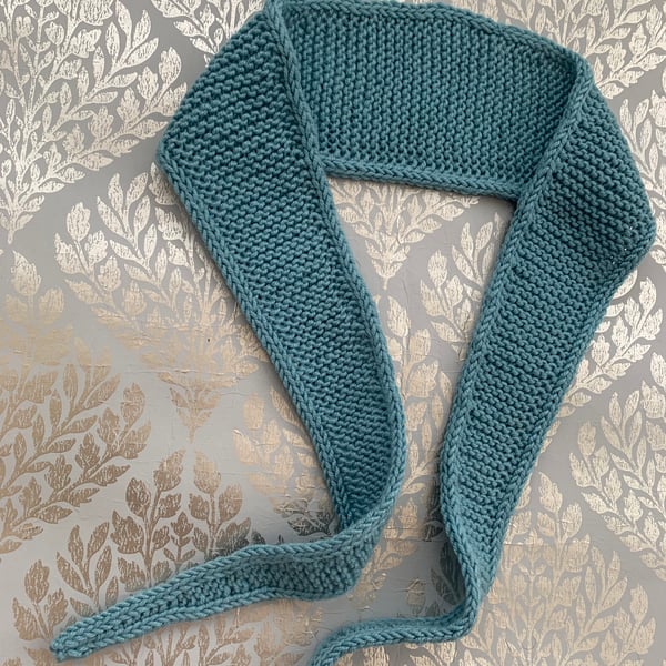 Hand knitted Sophie style scarf , neckerchief , skinny neck tie , duck egg blue