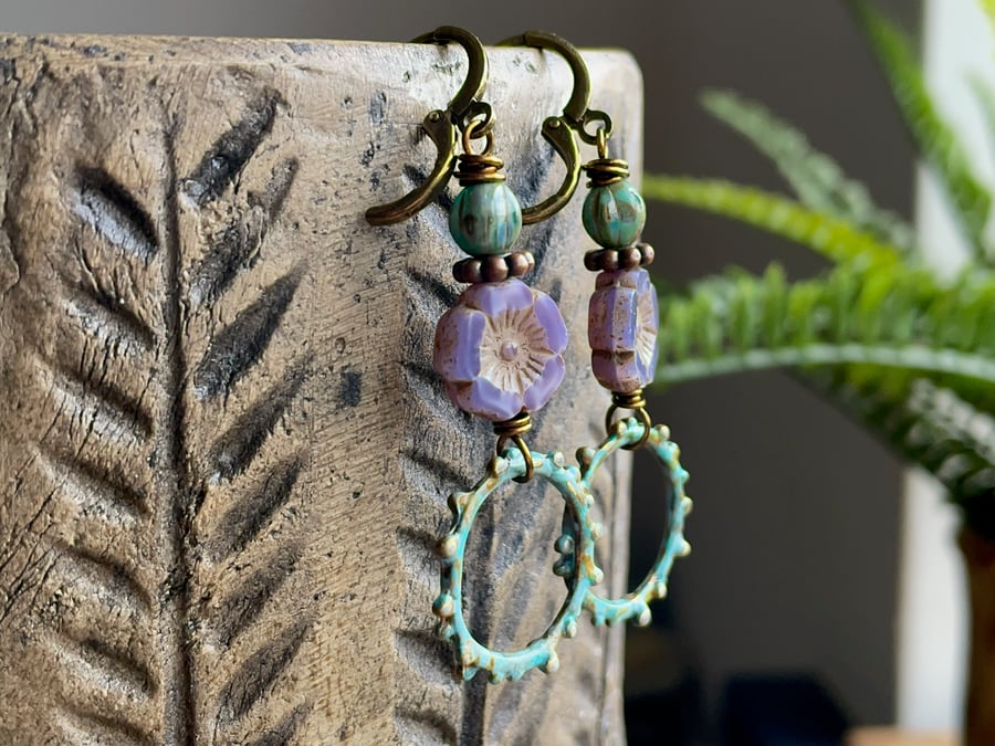 Hand Painted Verdigris Patina Earrings. Lavender Czech Glass Flower Earrings