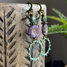Hand Painted Verdigris Patina Earrings. Lavender Czech Glass Flower Earrings