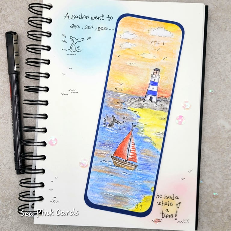 Handpainted Bookmark - original art, sailing theme, boat, whale, lighthouse