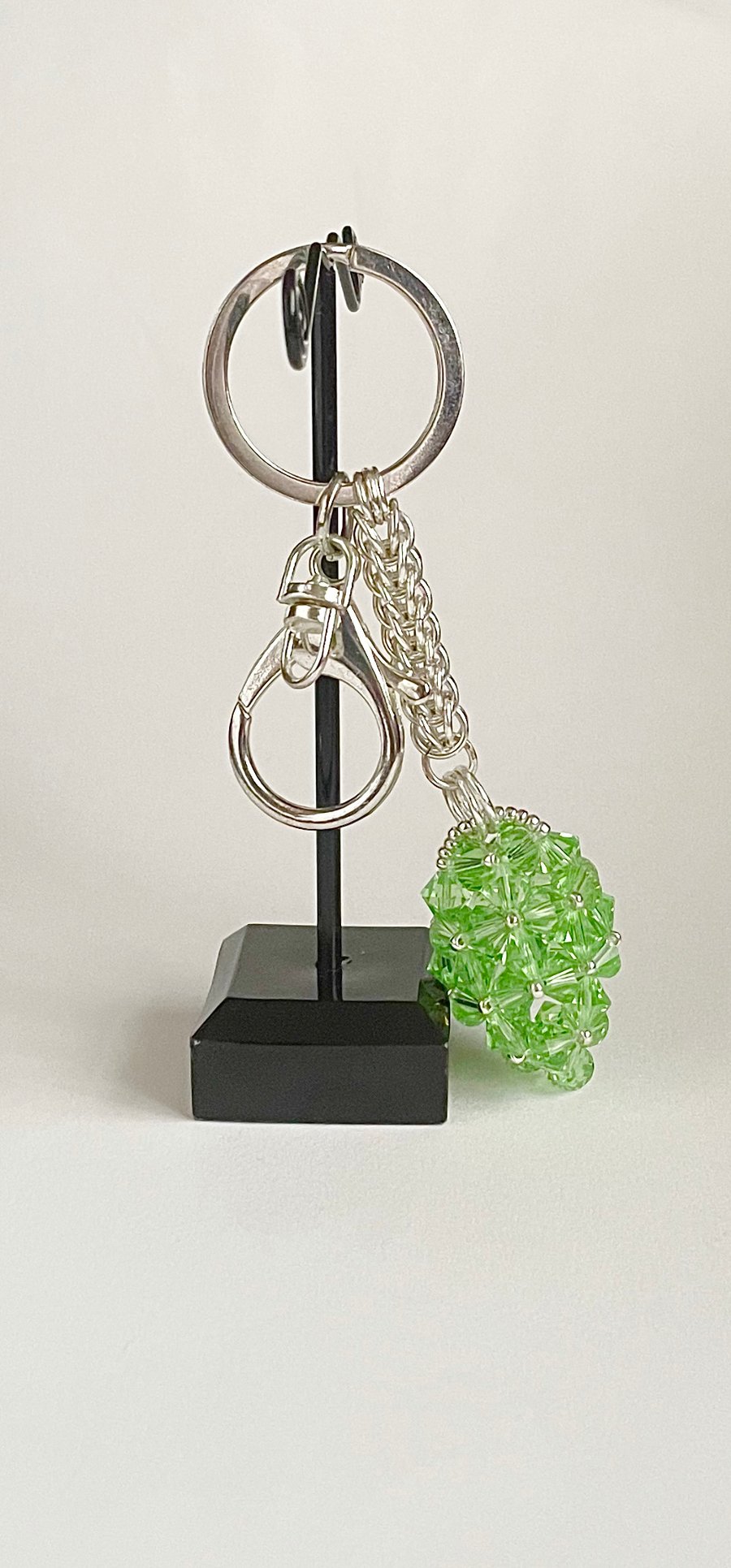 Handbag Charm, Egg Shaped Peridot Crystal with a Chainmaille Chain and Keyring