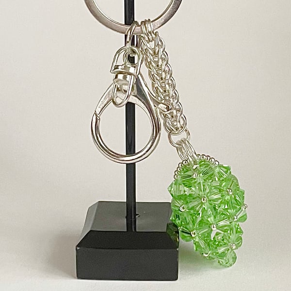 Handbag Charm, Egg Shaped Peridot Crystal with a Chainmaille Chain and Keyring