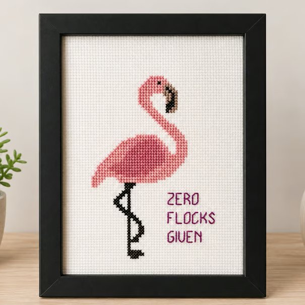 Zero Flocks Given Flamingo Cross Stitch – Funny Handmade Framed Gift