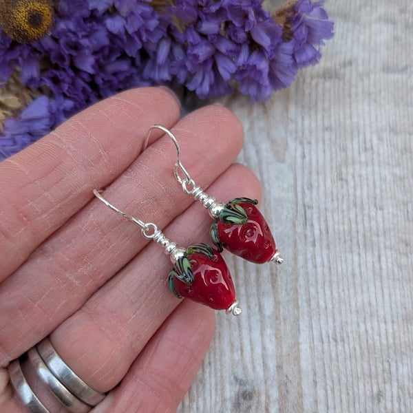 Sterling Silver Red Strawberry Lampwork Glass Earrings