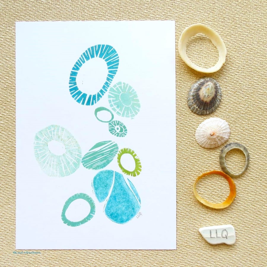 Original lino monoprint sea shells and pebbles bright and modern print 