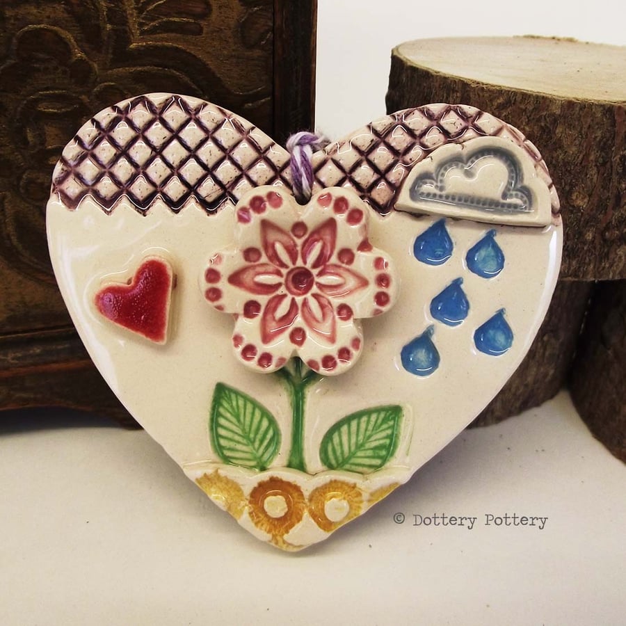 Ceramic heart floral decoration pottery rain, pottery loveheart 