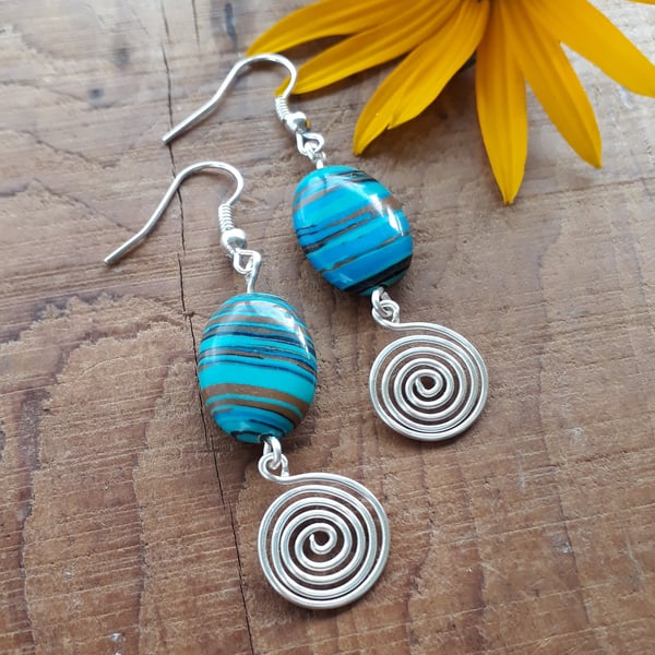 Blue Malachite Silver Spiral Earrings, Gemstones Jewellery, Womens Earrings