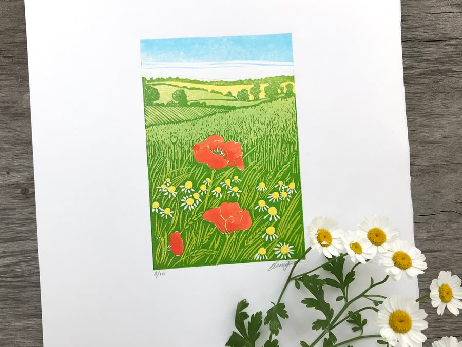 Summer Time: Original, hand printed lino cut by printmaking artist Beth Knight