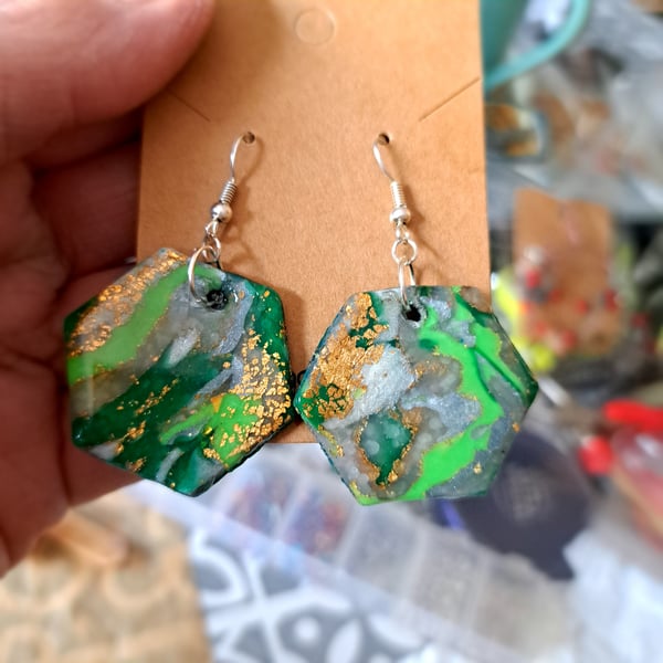 Beautiful pair of glitter polymer clay earrings, green, white, silver, gold