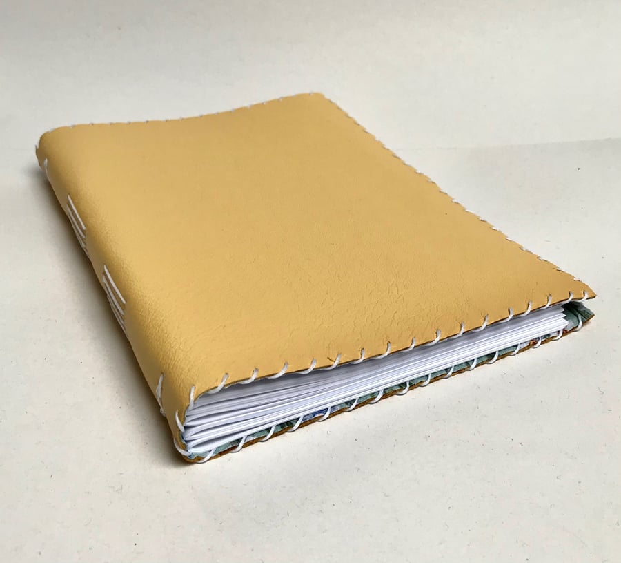 A5 Yellow Leather handmade notebook with fabric lining  and lined paper
