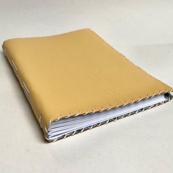 A5 Yellow Leather handmade notebook with fabric lining  and lined paper