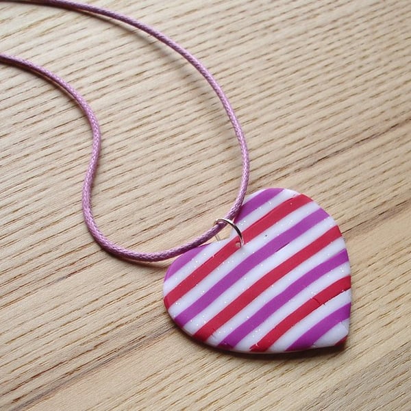 Raspberry Stripe Heart FIMO Polymer Clay Pendant
